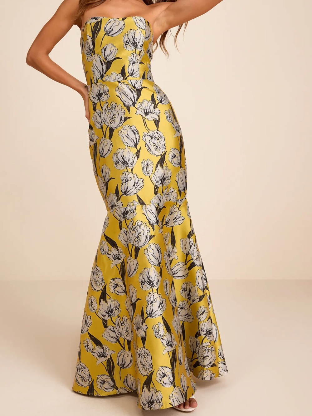 Lulus Gowning Around Yellow Floral Jacquard Strapless Maxi Dress - Picture 2 of 4